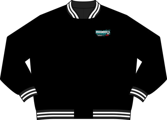 Front of black Misdiagnosed bomber jacket with small Chaos Theøry Research Division chest graphic and striped trim.