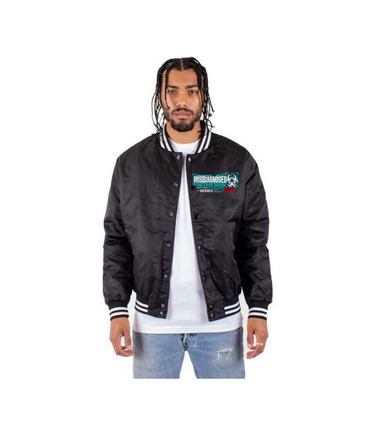 Model wearing black Misdiagnosed bomber jacket showing the small Research Division chest graphic and striped collar, cuffs, and waistband.