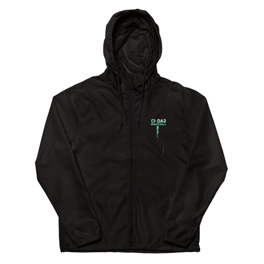 Front of black Spectrum Leak windbreaker with small aqua and lime CI-DA2 Chemical Imbalance chest graphic.