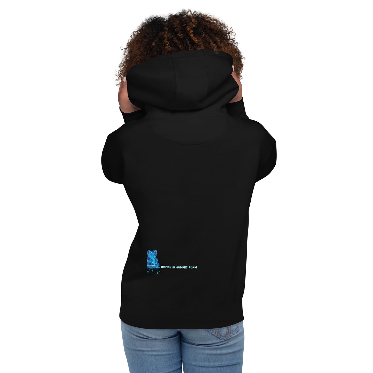 Model wearing Emotional Support Creatures Hoodie with colorful mental health streetwear graphic