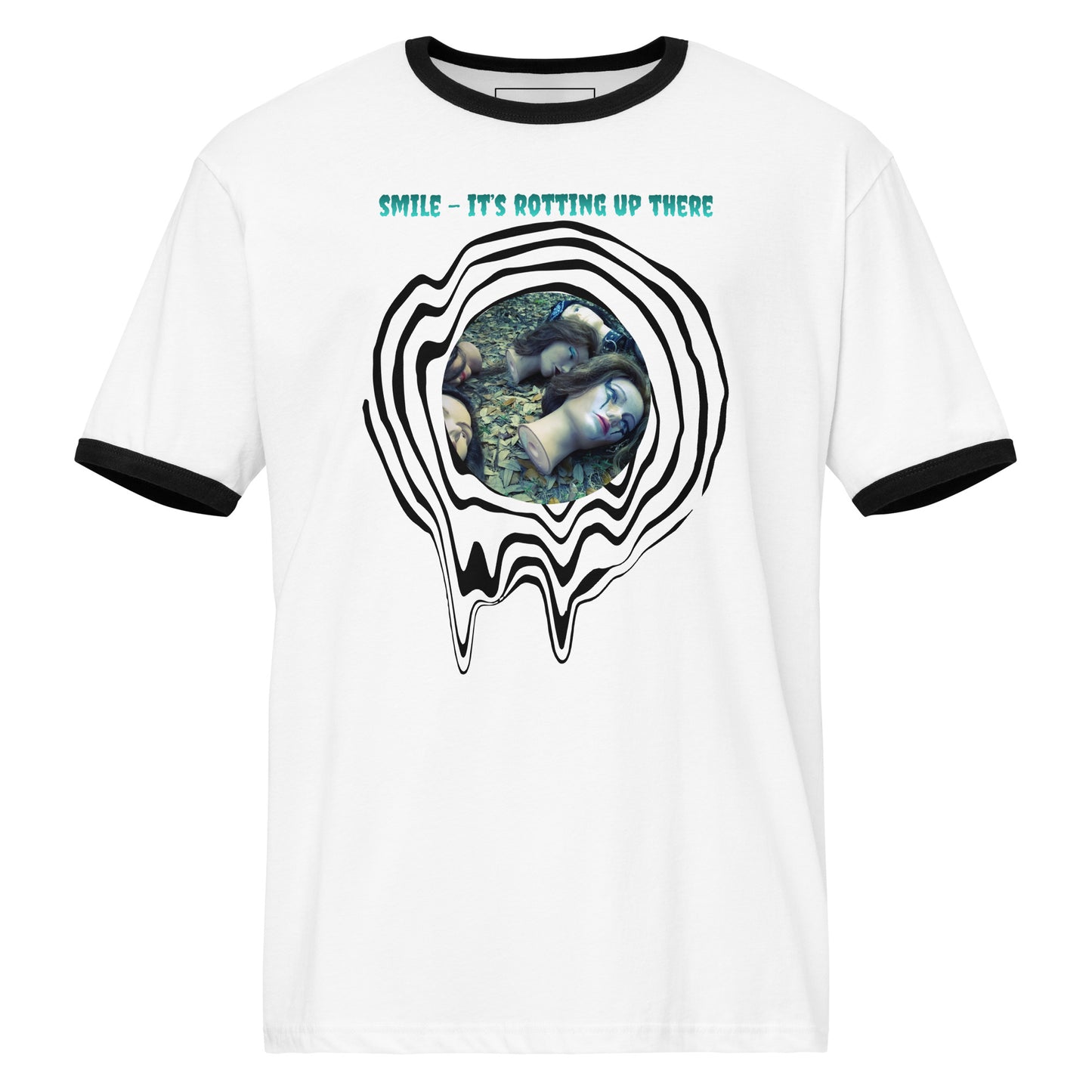 Smile It’s Rotting Up There Graphic Tee white ringer shirt with surreal spiral and doll head mental health artwork