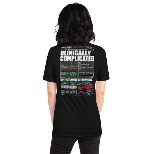 Model wearing black Clinically Complicated tee showing the large Label Lab graphic on the back.