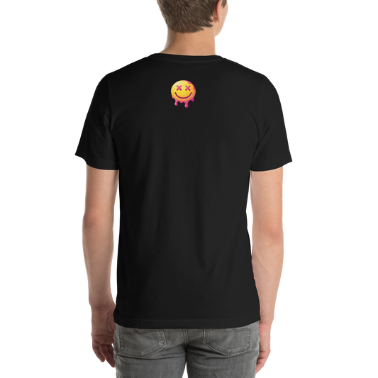 Back of black Chaotic Peace graphic tee with small pink and yellow melting smiley graphic below the collar.