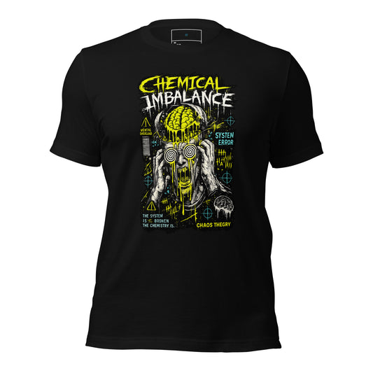 Front close-up of System Error Graphic Tee with Chemical Imbalance artwork, spiral eyes, toxic lime details, and glitch mental health design