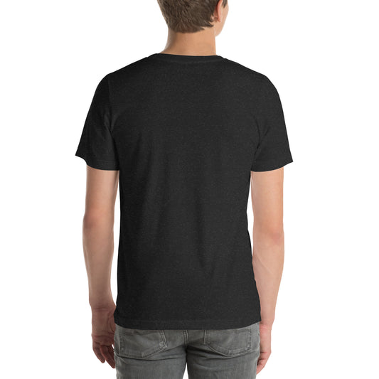 Back view of black heather Split Swing Survive Graphic Tee with clean unprinted back