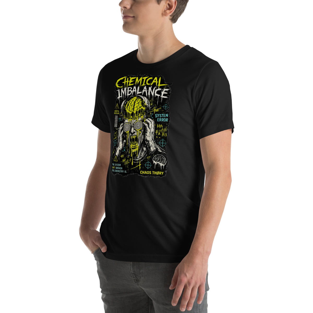Model wearing black System Error Chemical Imbalance graphic tee with large distressed brain and system-error artwork on the front.