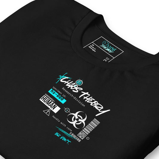 Close-up of black Human Specimen tee with Chaos Theøry Research Division specimen graphic on the chest.