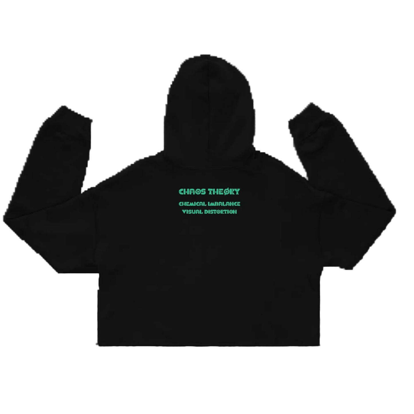Close-up of Chaos Skull Cropped Hoodie showing skull artwork, black fleece fabric, and dark streetwear design