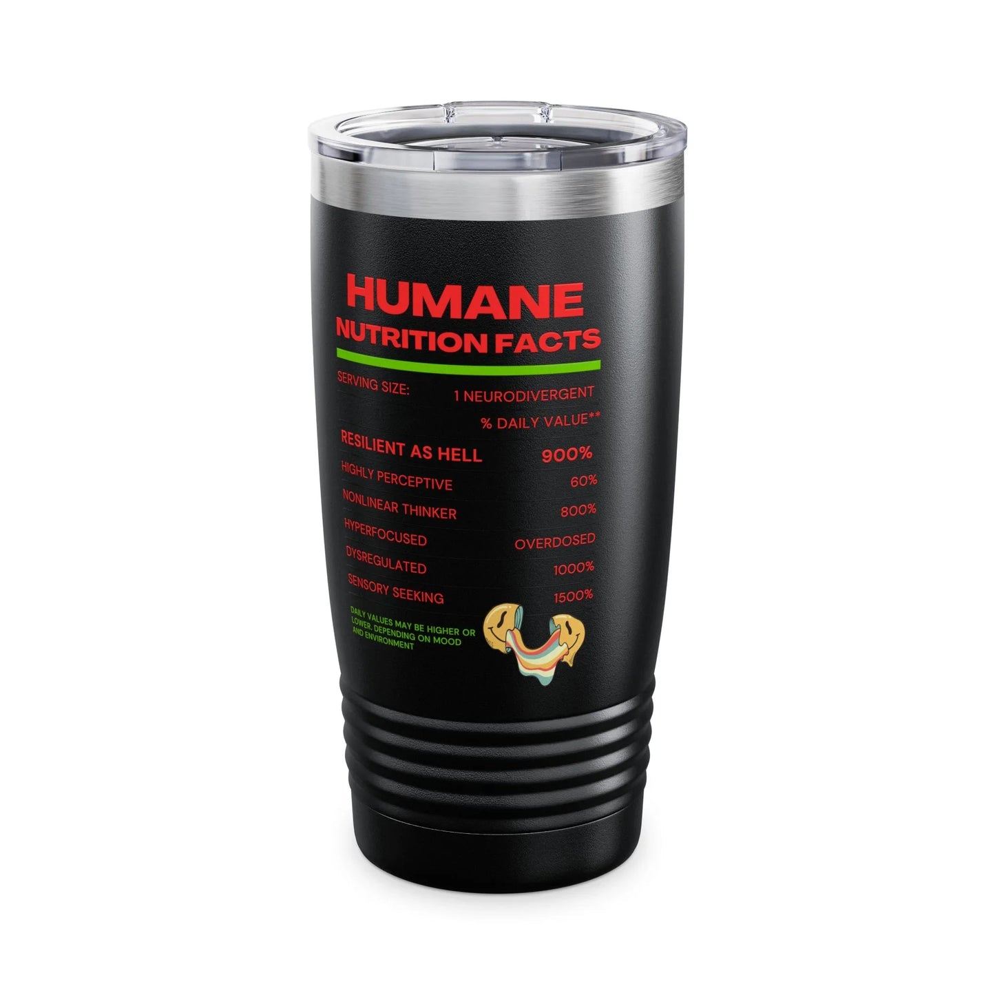 Human Nutritional Facts Tumbler black stainless steel travel mug with dark humor Chaos Theøry design