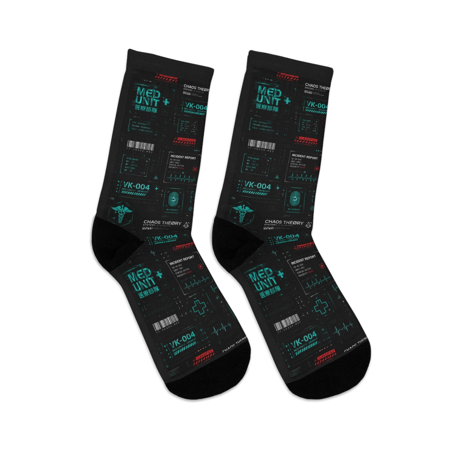 Chaos Theøry VK-004 Med Unit socks with aqua medical graphics, incident reports, barcodes, biometric scans, and red classified accents