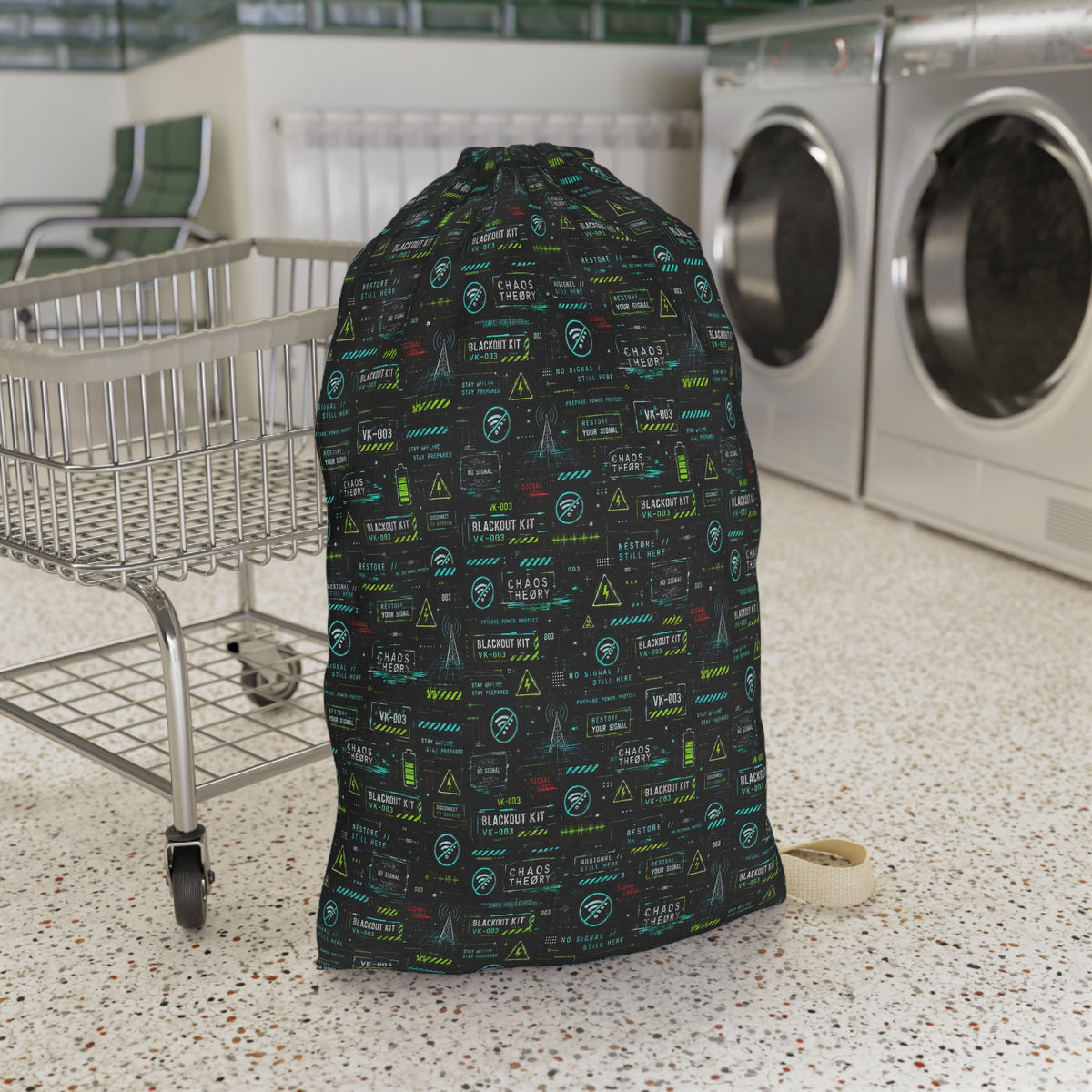 Chaos Theøry VK-003 Blackout Kit laundry bag standing in a laundromat with all-over aqua, toxic lime, white, and red glitch graphics.