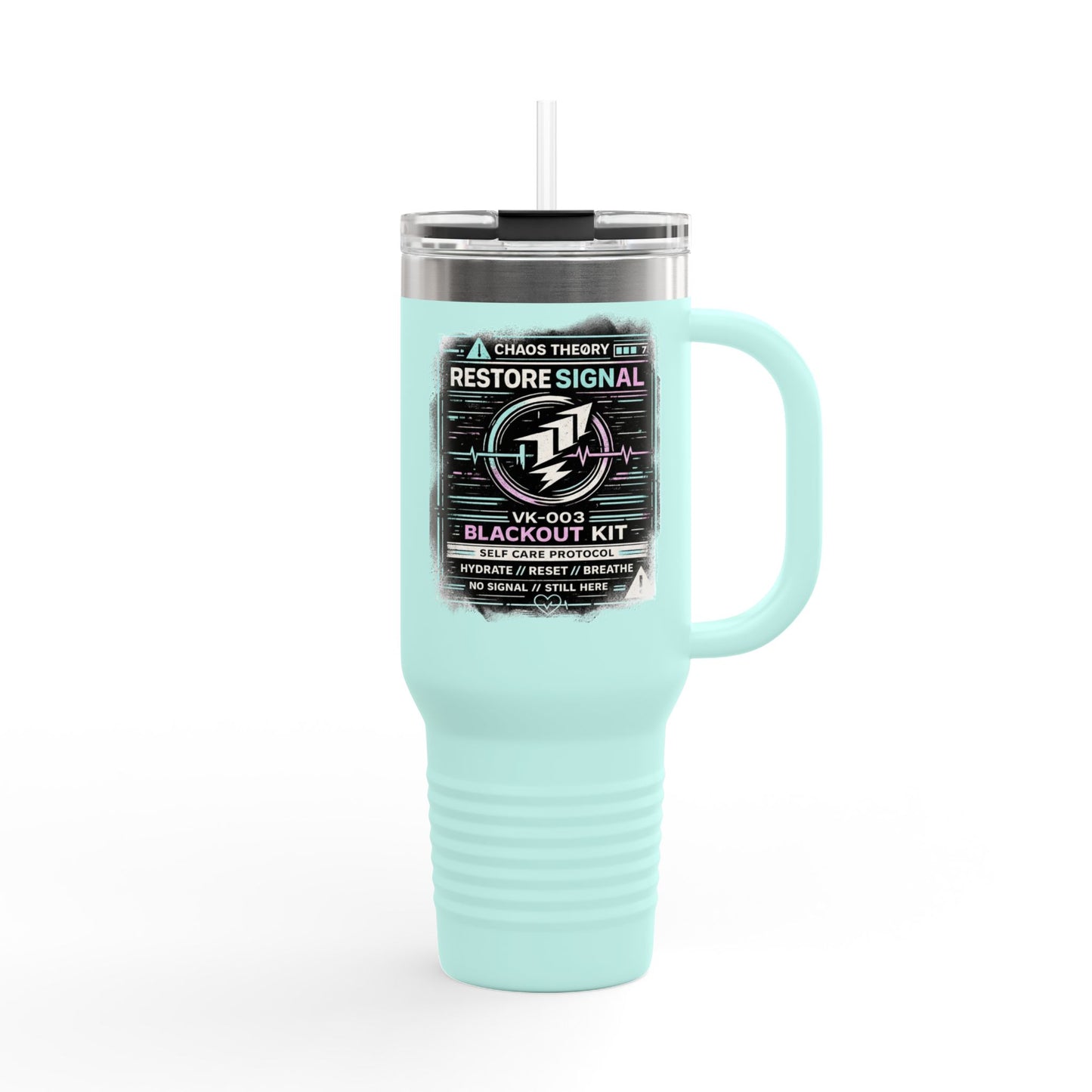 Chaos Theøry Restore Your Signal 40 oz tumbler from the VK-003 Blackout Kit featuring aqua, purple, and white self-care signal graphics