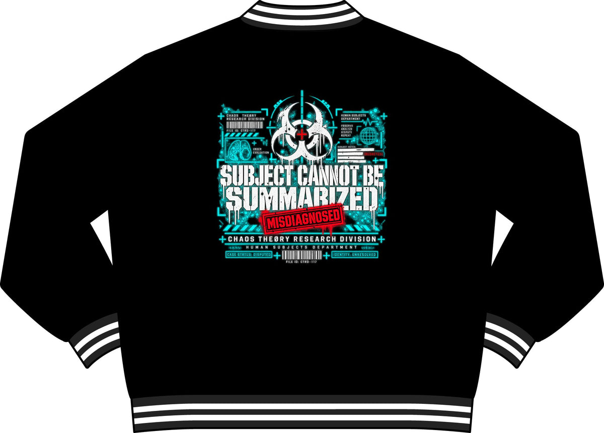 Back of black Misdiagnosed bomber jacket with large Subject Cannot Be Summarized clinical research graphic in aqua, white, and red.