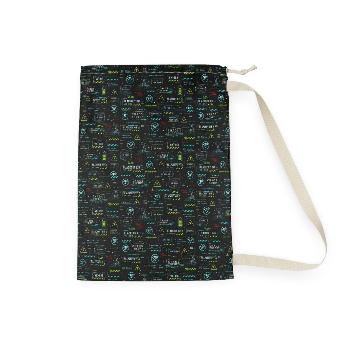 Chaos Theøry VK-003 Blackout Kit drawstring laundry bag with beige shoulder strap and all-over signal-loss pattern.