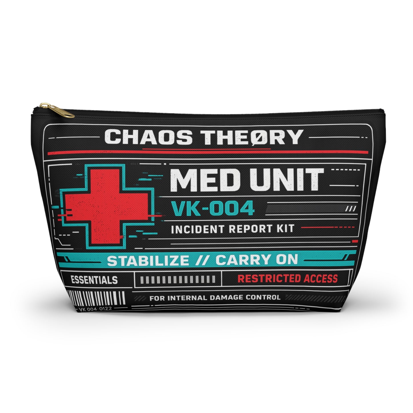 Chaos Theøry VK-004 Med Unit supply pouch with medical cross, barcode, classified markings, and dark incident-response graphics