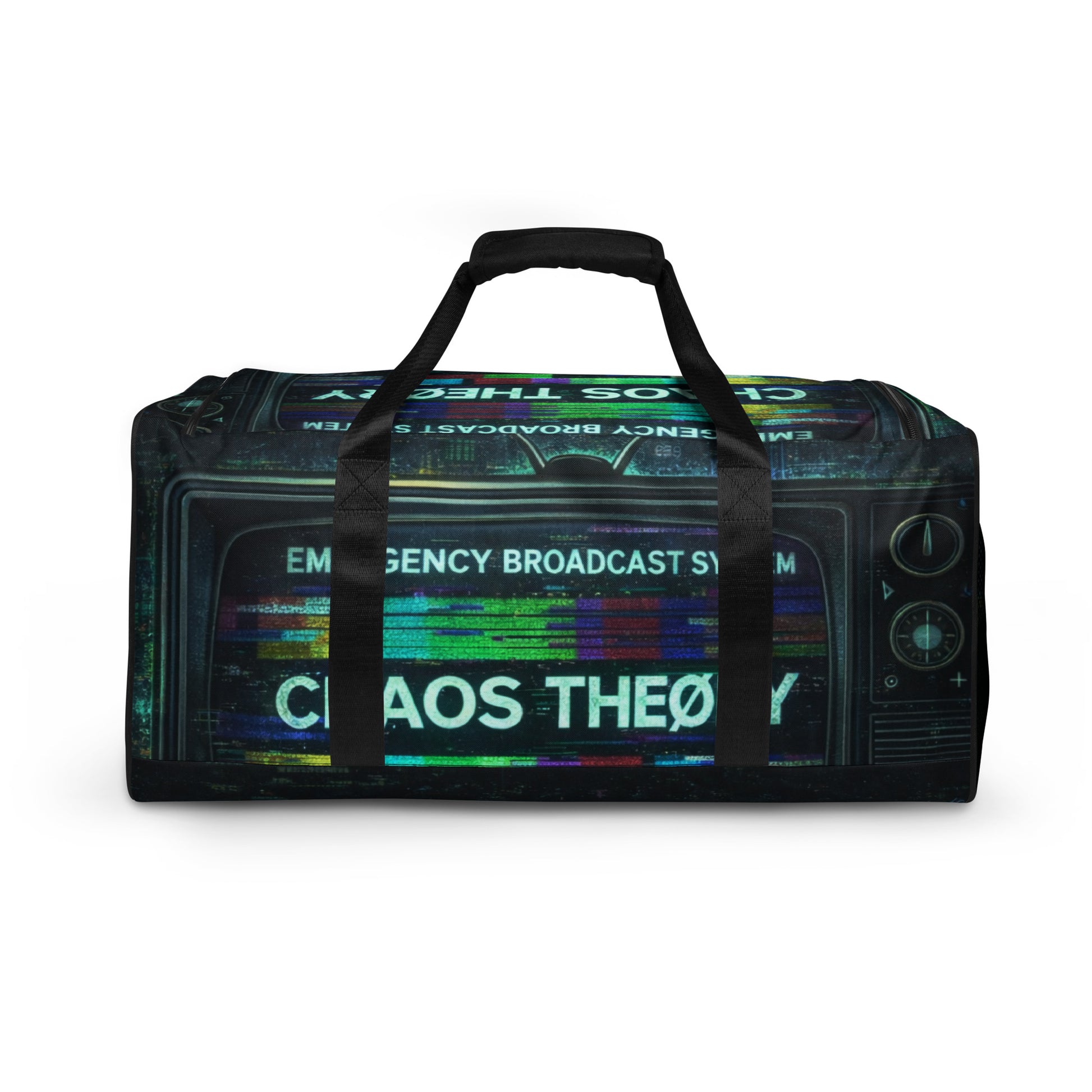Emergency Broadcast Duffel Bag with glitch-inspired Chaos Theøry graphic for gym travel and everyday carry