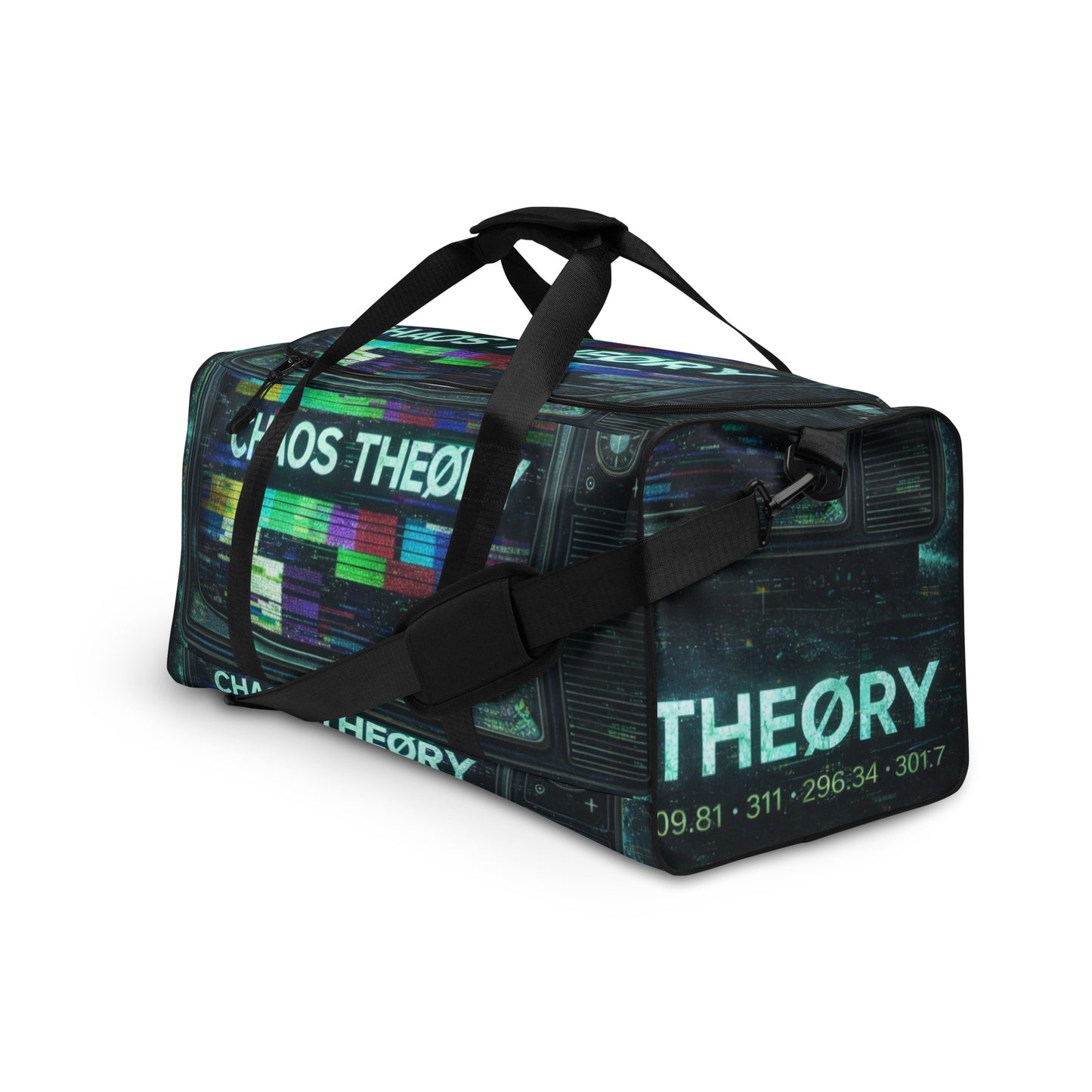 Front view of Emergency Broadcast Duffel Bag showing glitch broadcast artwork and structured travel bag design