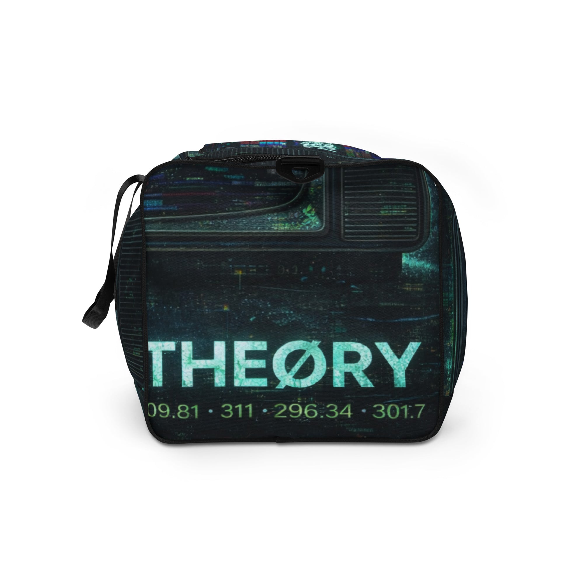 Side view of Emergency Broadcast Duffel Bag with Chaos Theøry streetwear graphic and black duffel shape