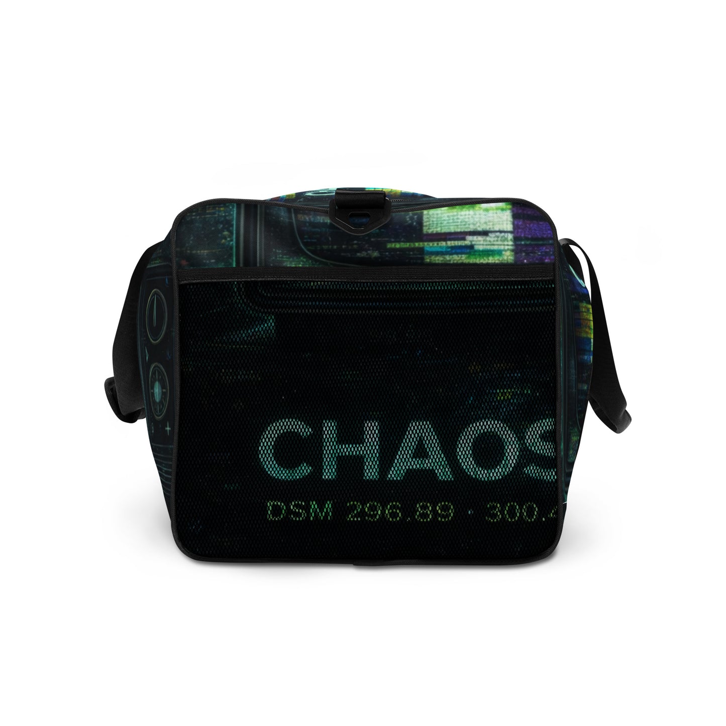 Side view of Emergency Broadcast Duffel Bag with Chaos Theøry streetwear graphic and black duffel shape