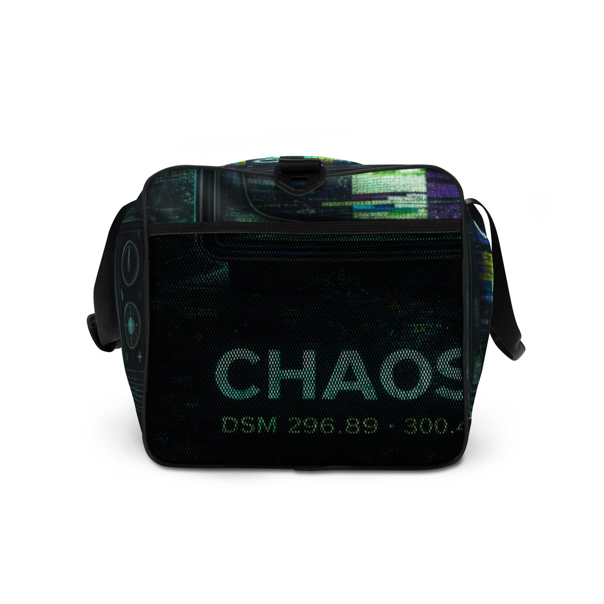 Side view of Emergency Broadcast Duffel Bag with Chaos Theøry streetwear graphic and black duffel shape