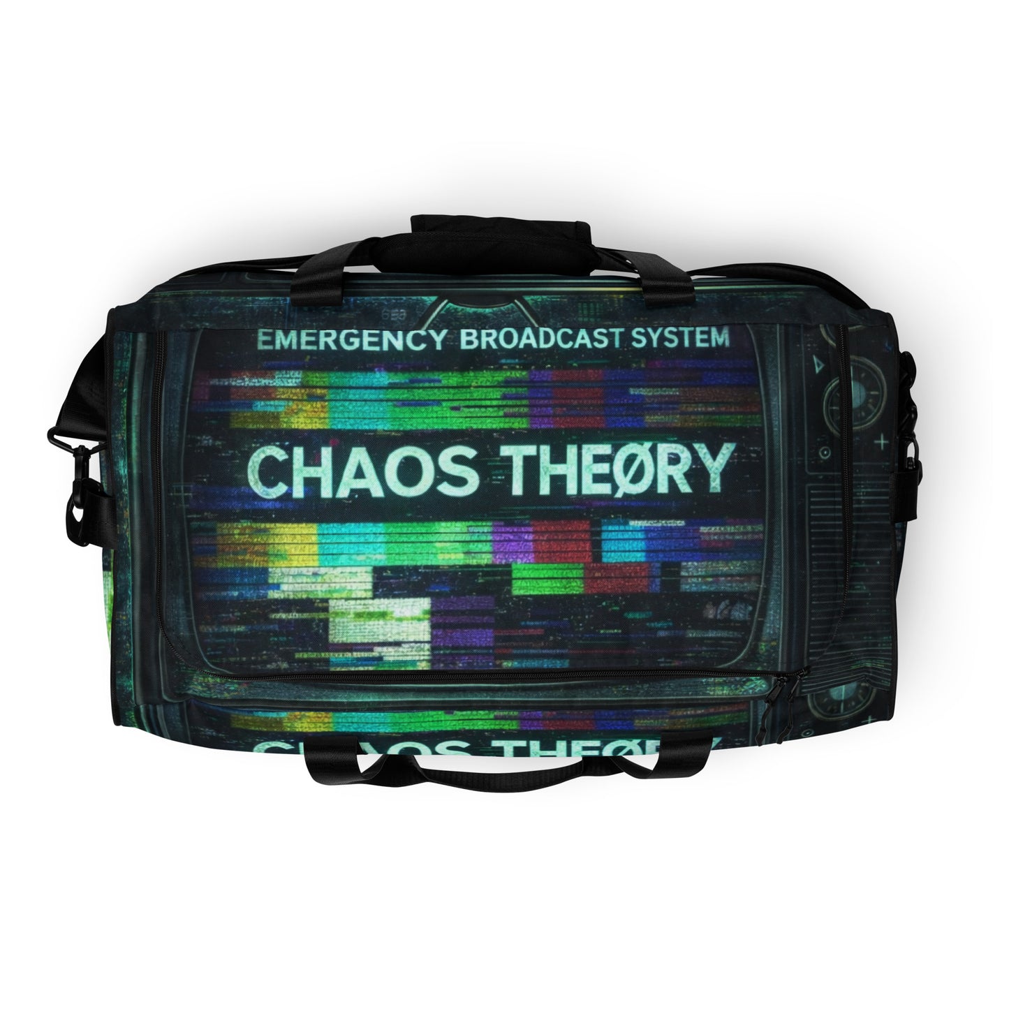 Top view of Emergency Broadcast Duffel Bag showing zipper opening handles and Chaos Theøry travel bag structure