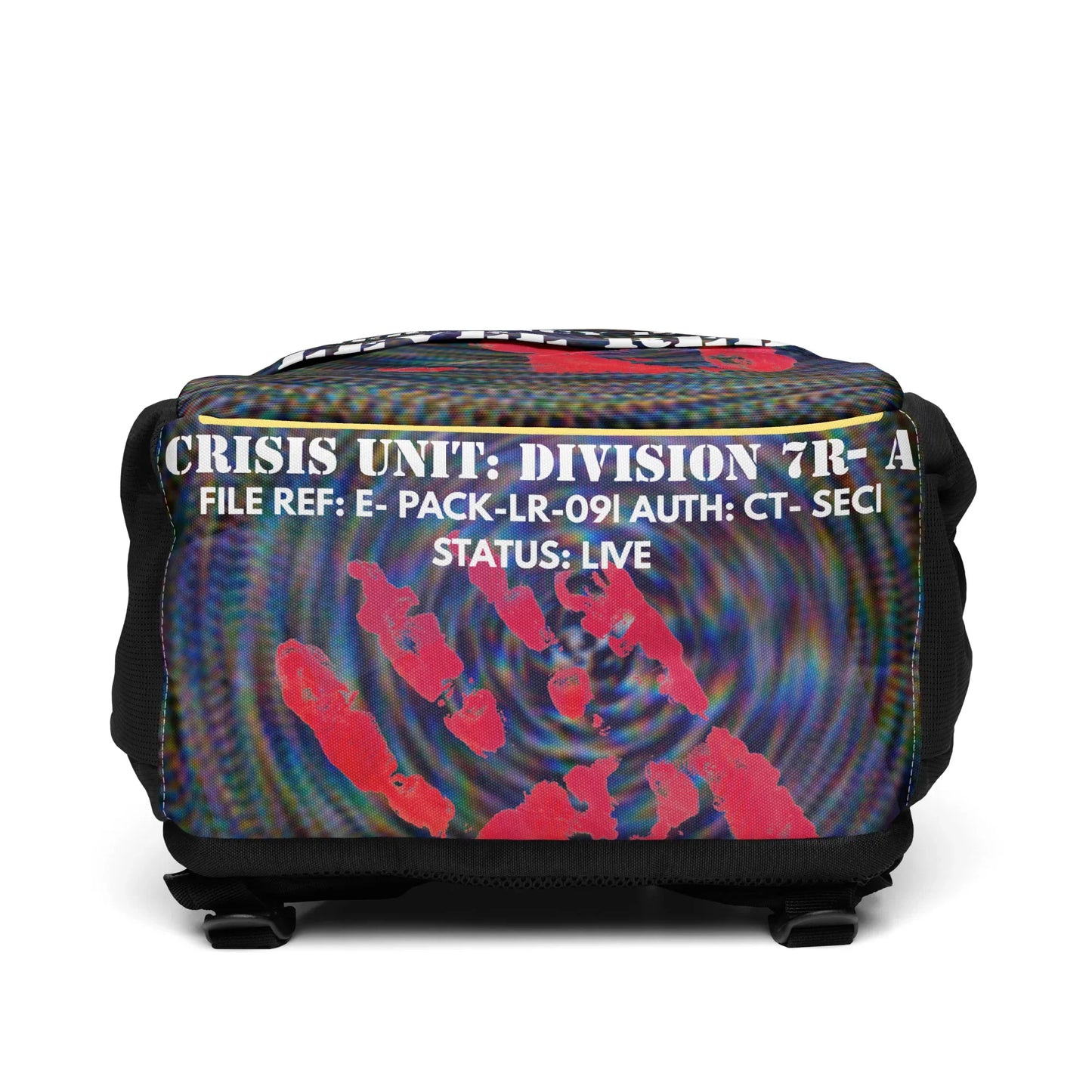 Bottom view of Emergency Pack Utility Backpack showing durable streetwear bag structure and Chaos Theøry utility design