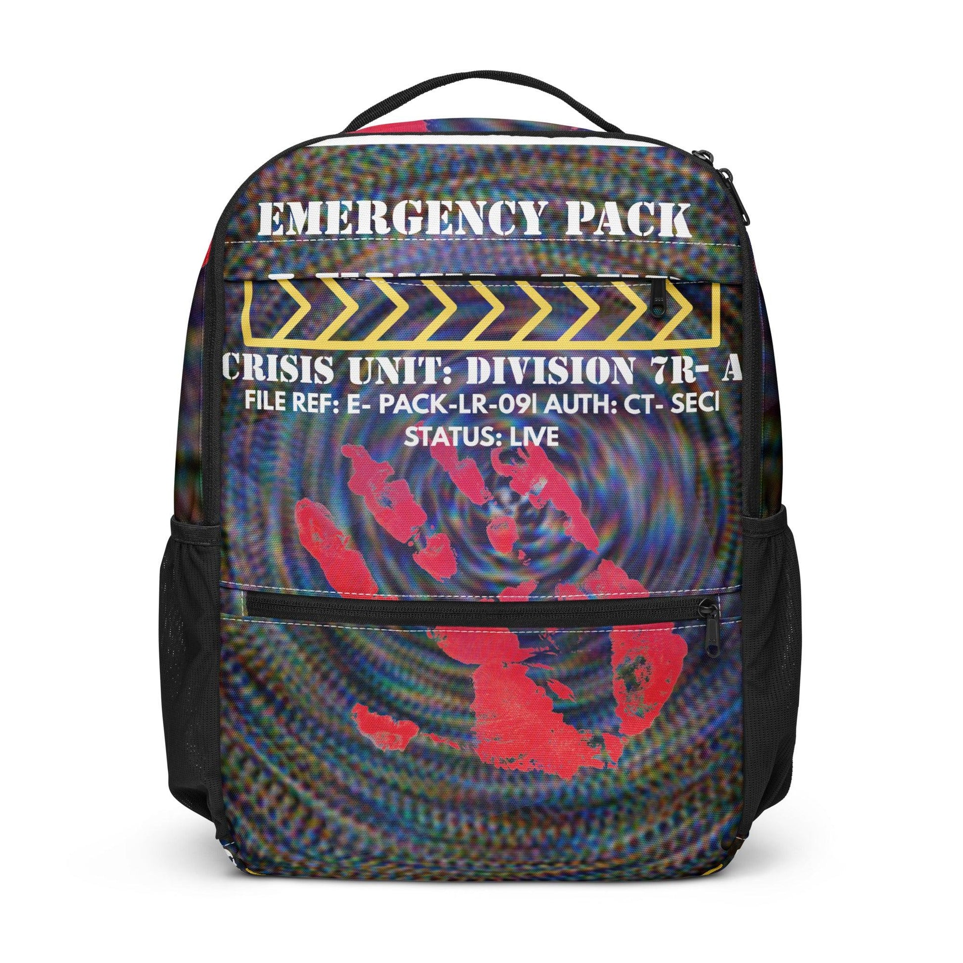 Emergency Pack Utility Backpack streetwear bag with Chaos Theøry glitch artwork and everyday carry design