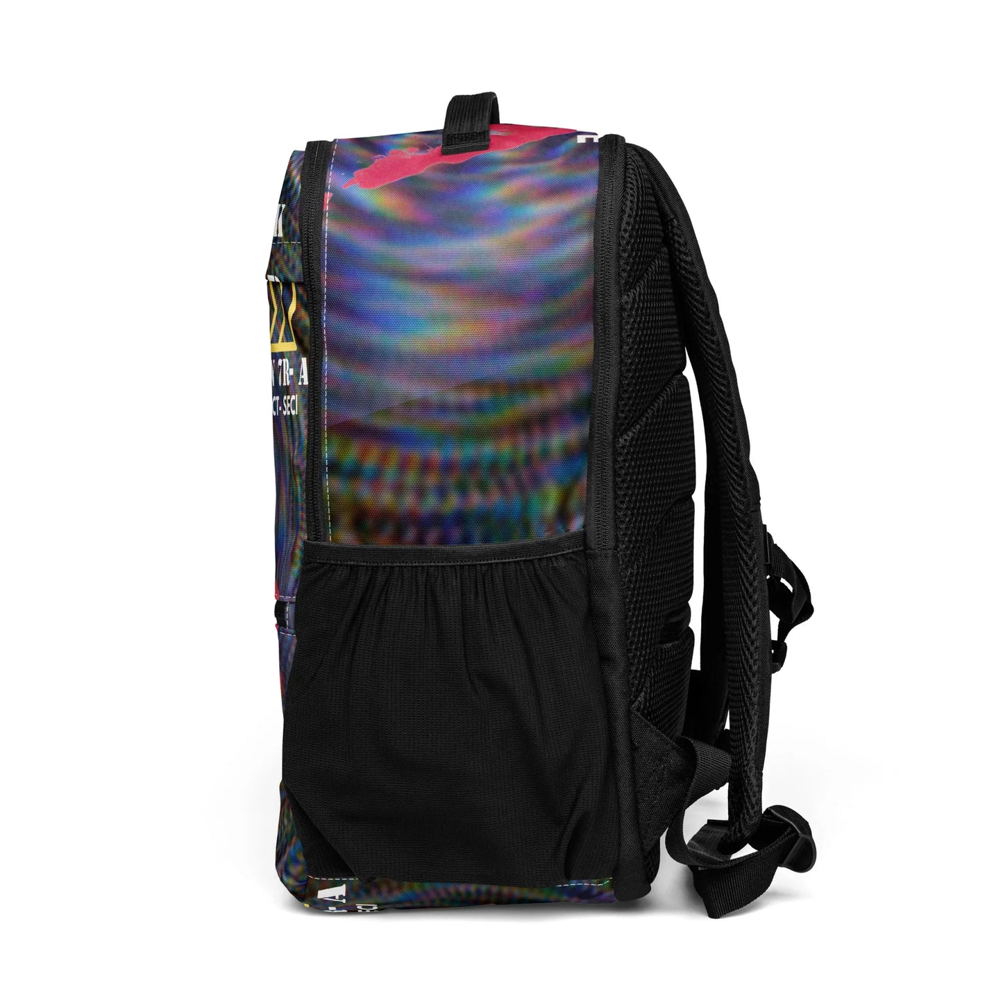 Angled view of Emergency Pack Utility Backpack with durable streetwear bag structure and glitch design