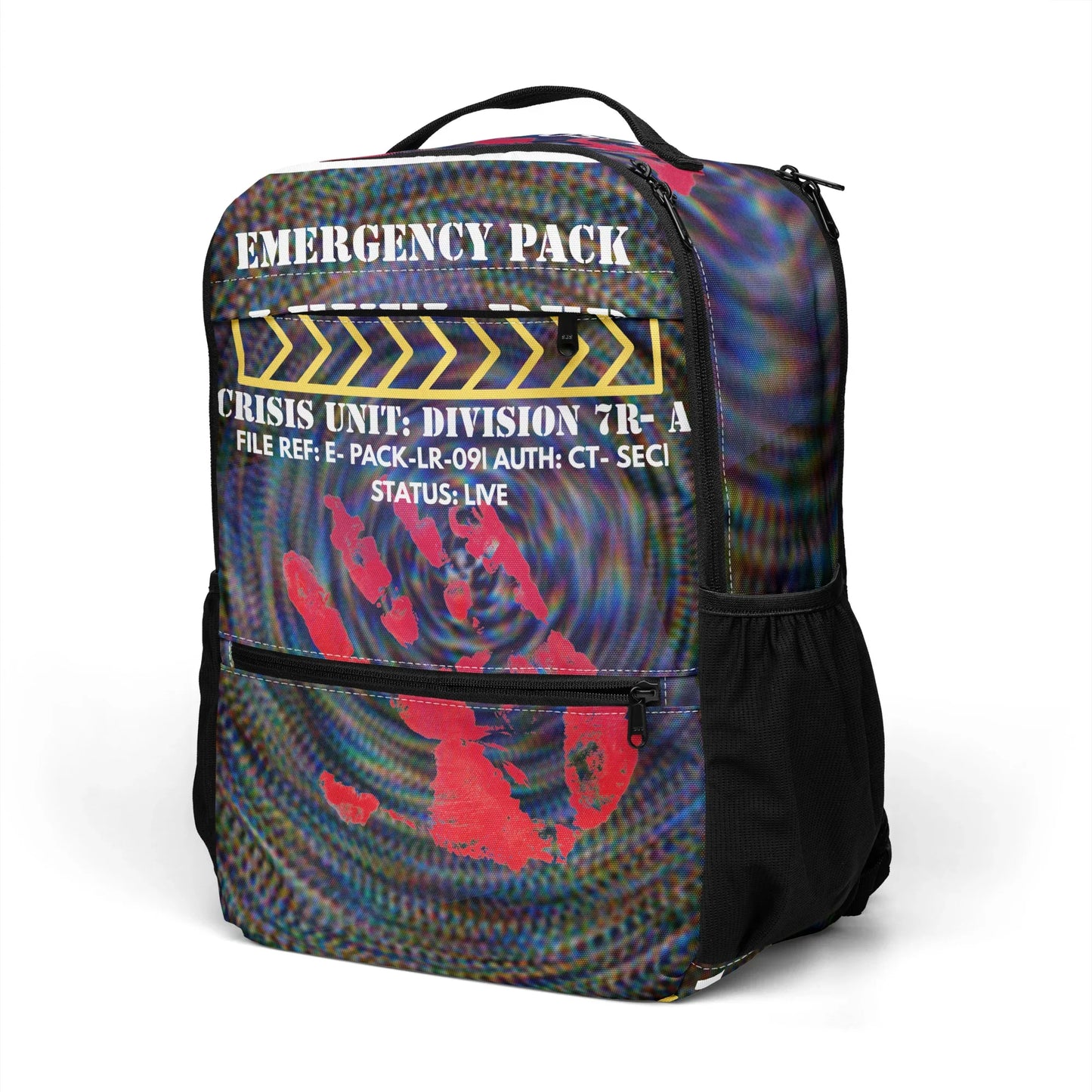 Front view of Emergency Pack Utility Backpack with bold Chaos Theøry streetwear artwork