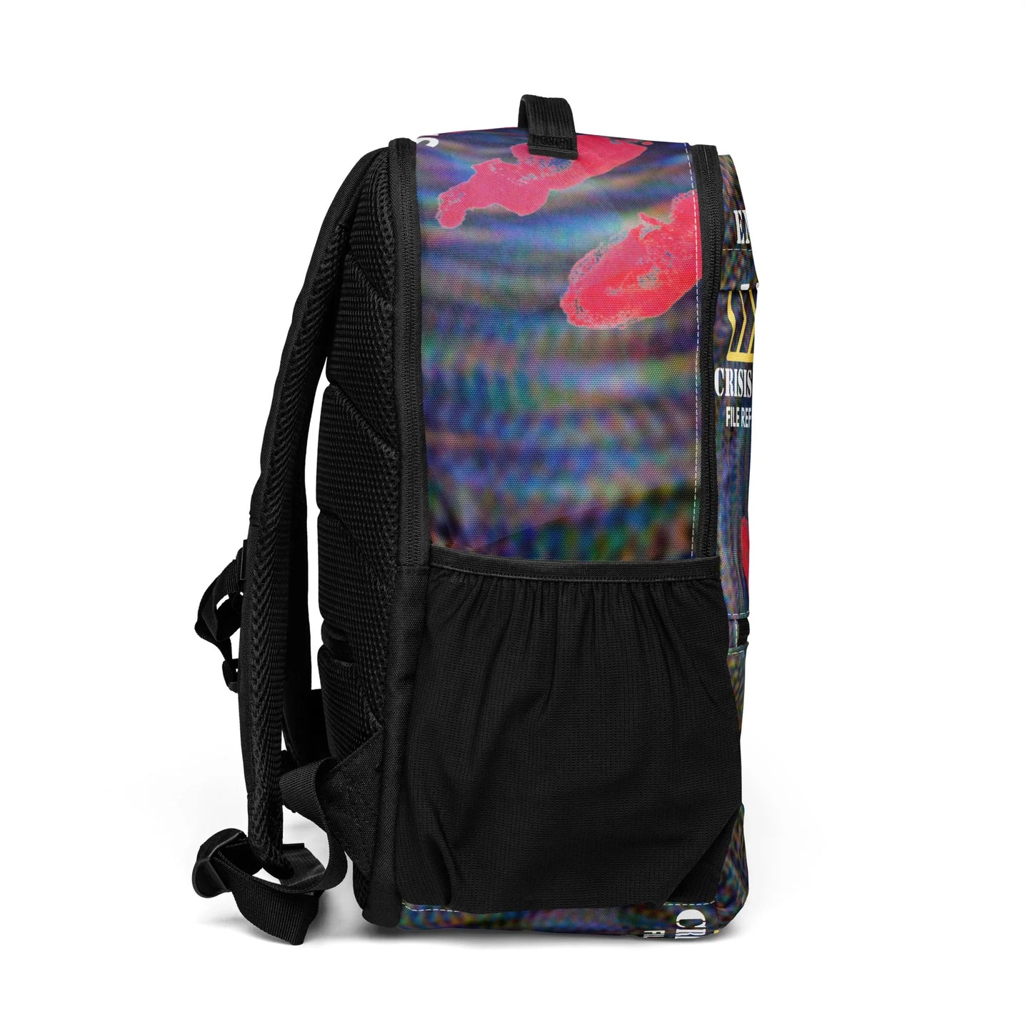 Angled view of Emergency Pack Utility Backpack with durable streetwear bag structure and glitch design
