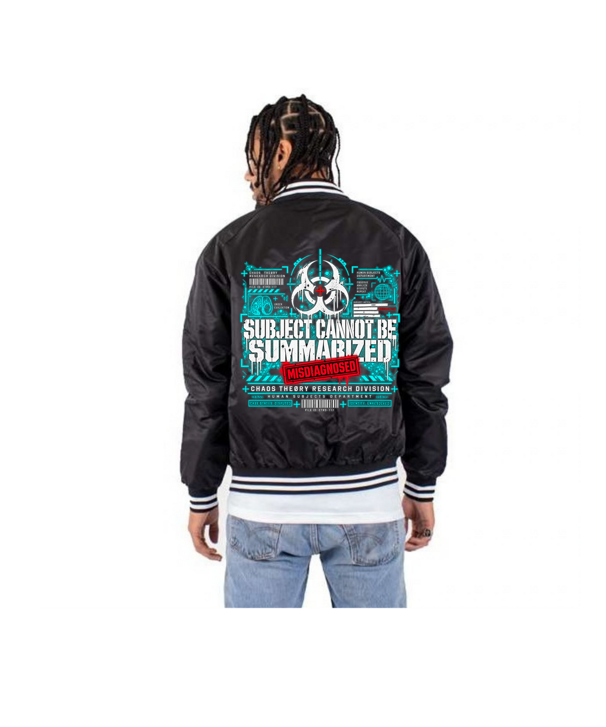 Model wearing black Misdiagnosed bomber jacket showing the large Subject Cannot Be Summarized clinical research graphic across the back.