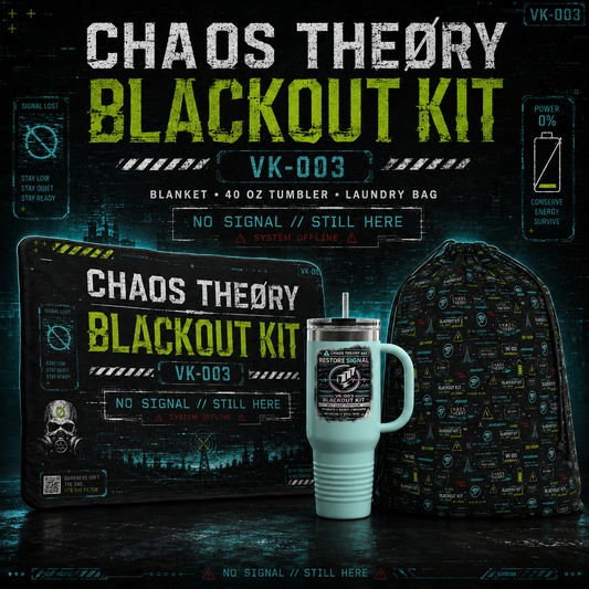 Chaos Theory Blackout Kit VK-003 bundle featuring a black insulated tumbler with a handle, a patterned backpack, and a black storage bag, all styled with the same sci-fi 'No Signal / Still Here' graphics on a dark teal background.