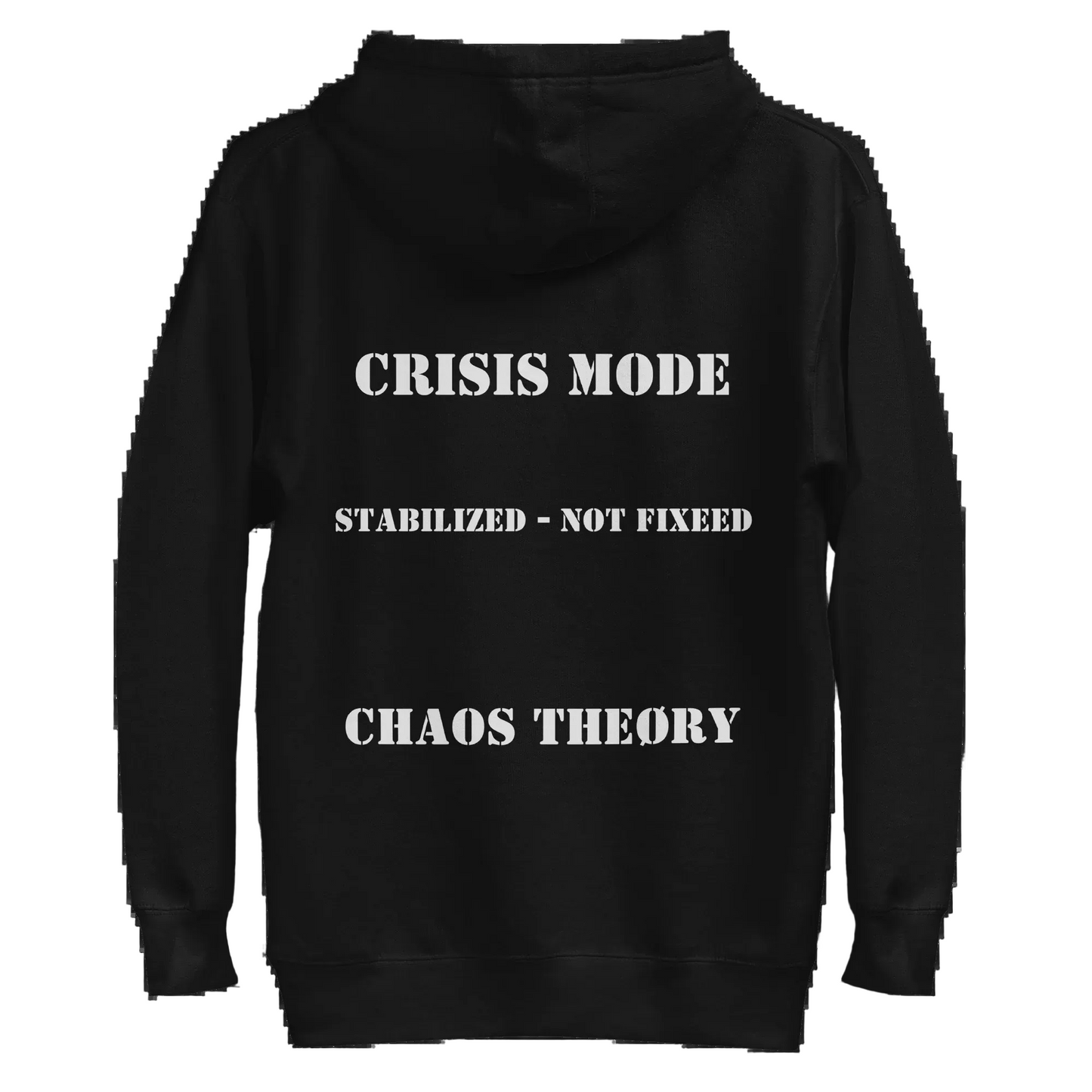 Back view of Stabilize Not Fix Pullover Hoodie with mental health statement artwork on black hoodie
