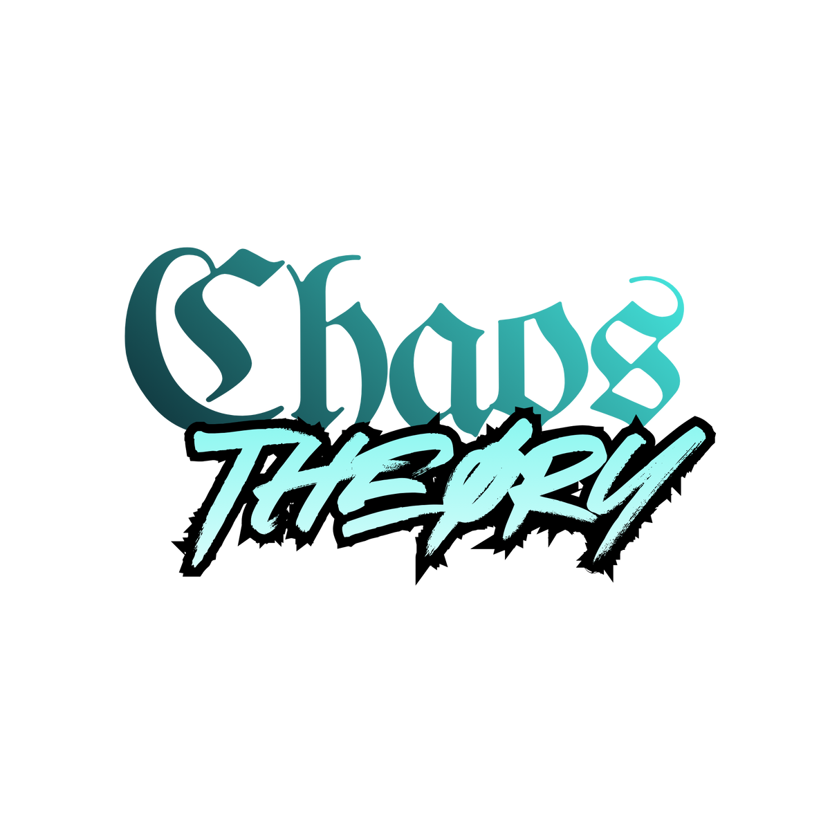 Chaos Theøry logo in teal and black graffiti-style lettering on white background