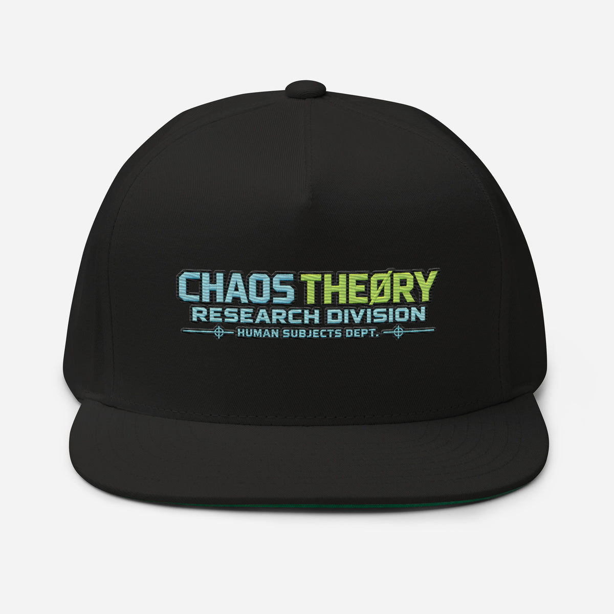 ProduBlack Chaos Theøry Research Division snapback hat with embroidered clinical-style logo, Human Subjects Department text, and Label Lab branding.ct mockup