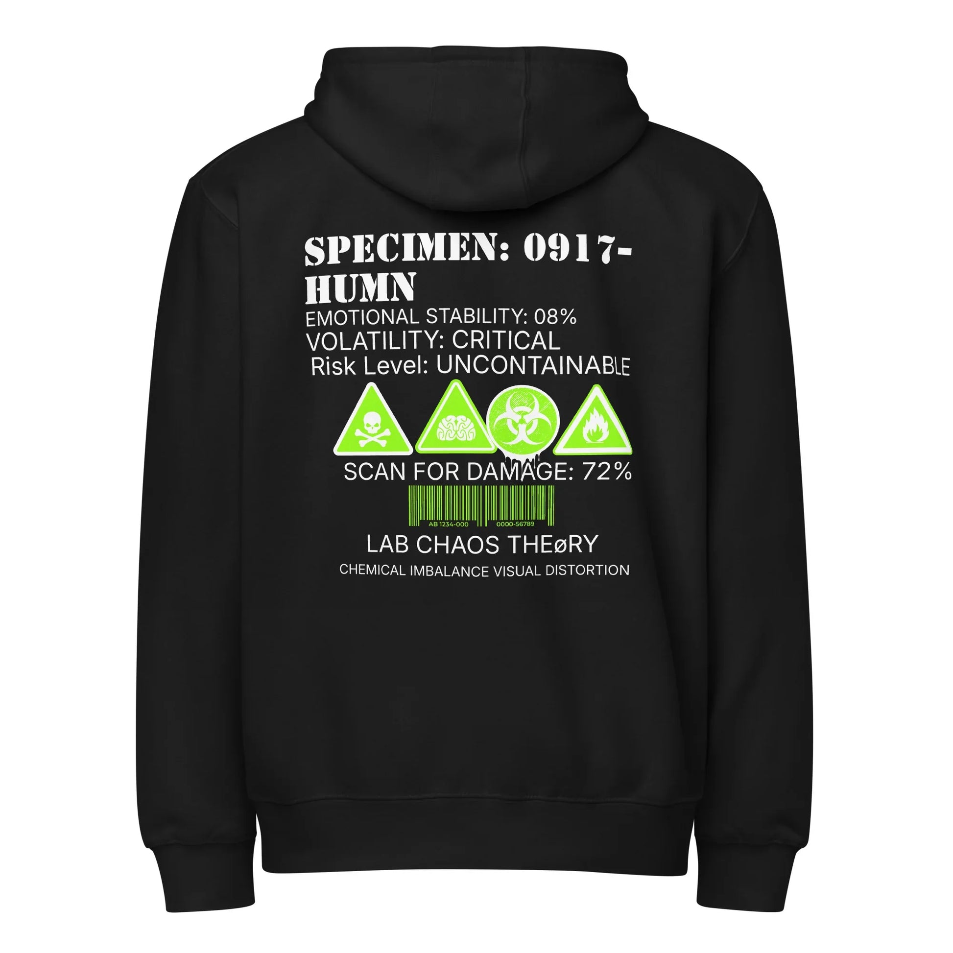  Back view of Break Me at Your Own Risk Zip Hoodie with bold warning label statement artwork