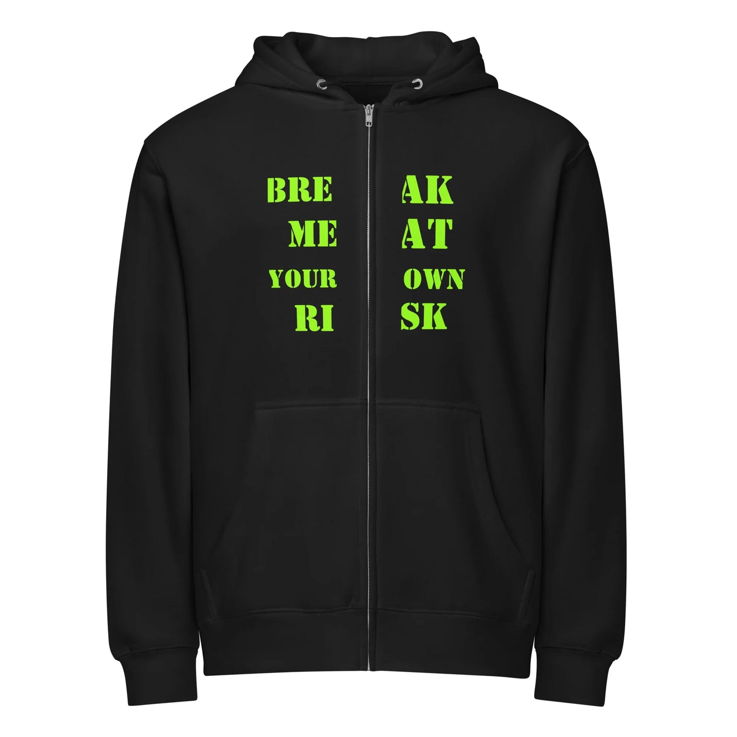 Break Me at Your Own Risk Zip Hoodie black mental health streetwear hoodie with warning label artwork by Chaos Theøry