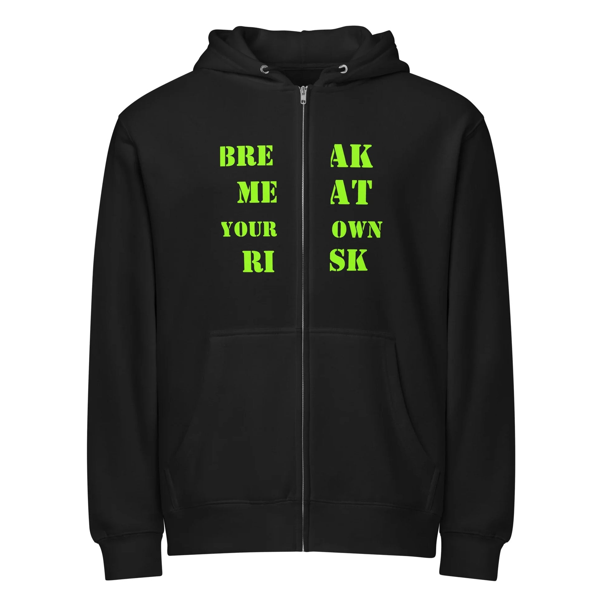 Break Me at Your Own Risk Zip Hoodie black mental health streetwear hoodie with warning label artwork by Chaos Theøry