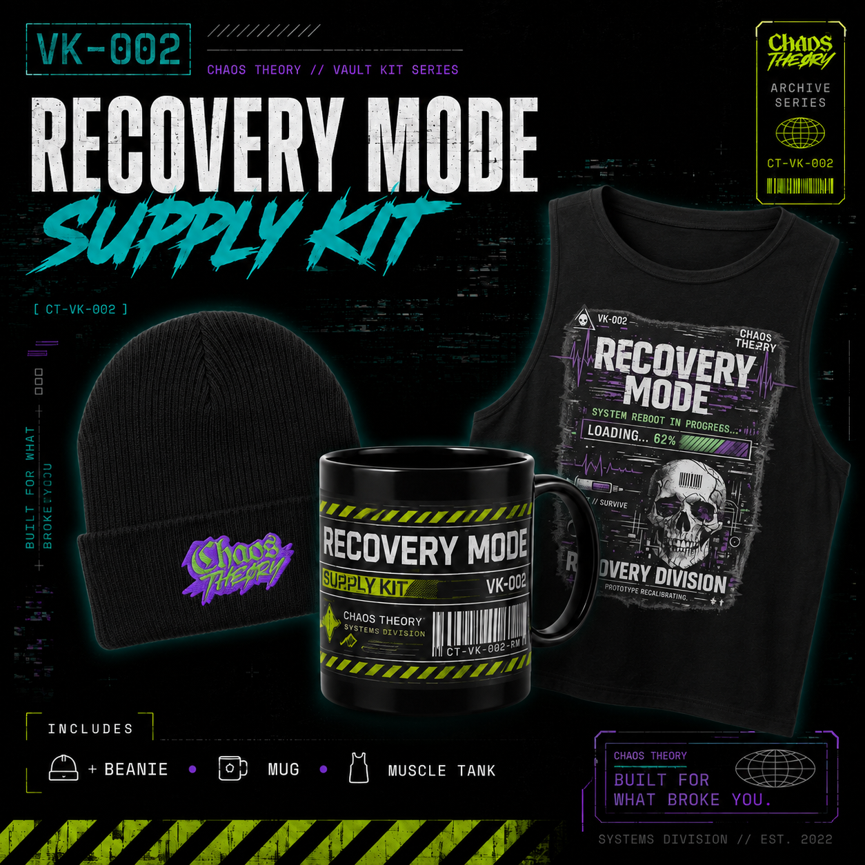 Chaos Theory 'Recovery Mode Supply Kit' (VK-002) bundle containing a black beanie with a purple embroidered logo, a black mug with a yellow and black graphic, and a black muscle tank top with a white skull graphic, all set against a dark digital background with text overlays.
