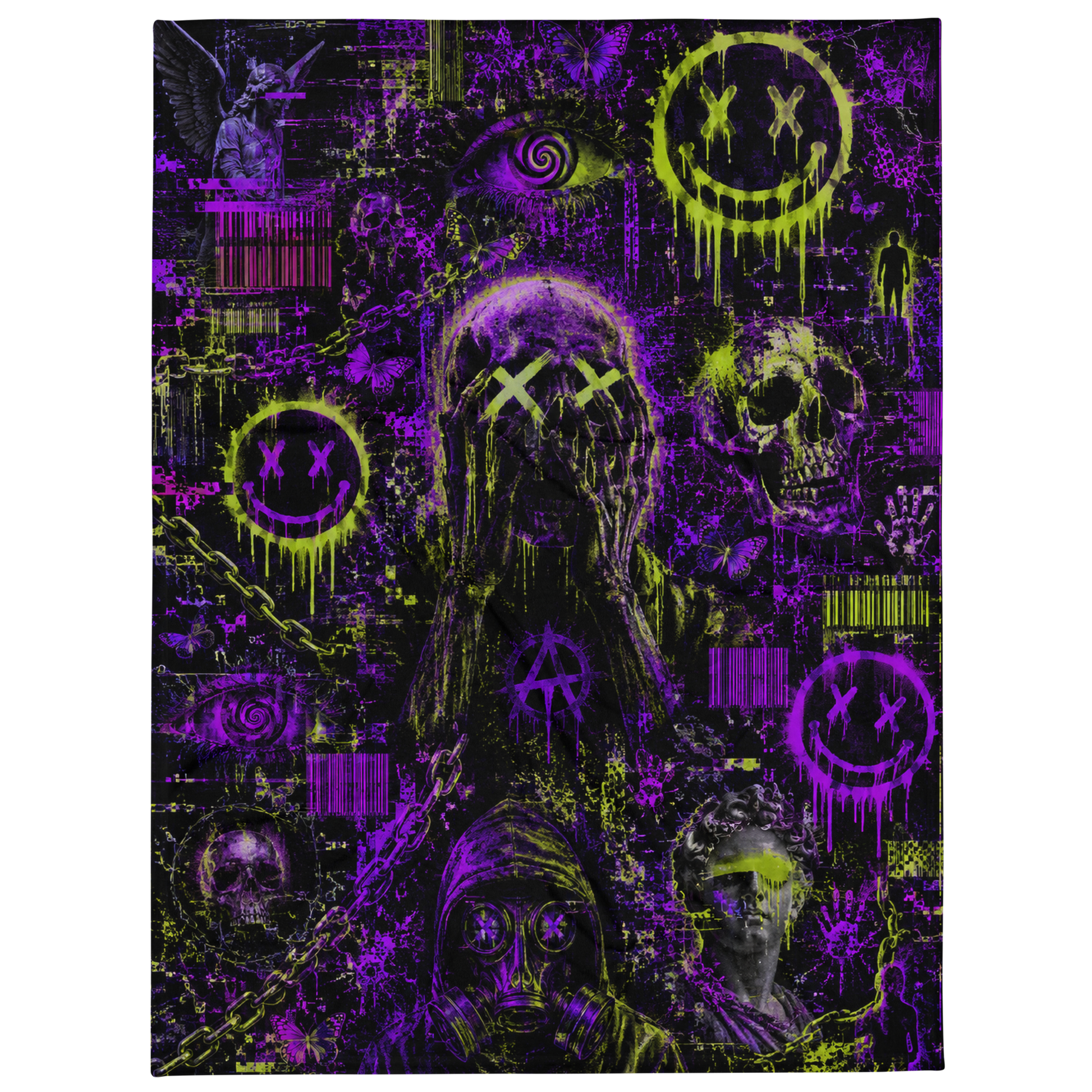 Neon Psychosis Throw Blanket full print Chaos Theøry glitch blanket with barcode and dark neon chaos artwork