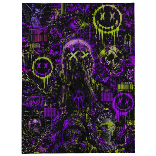 Neon Psychosis Throw Blanket full print Chaos Theøry glitch blanket with barcode and dark neon chaos artwork