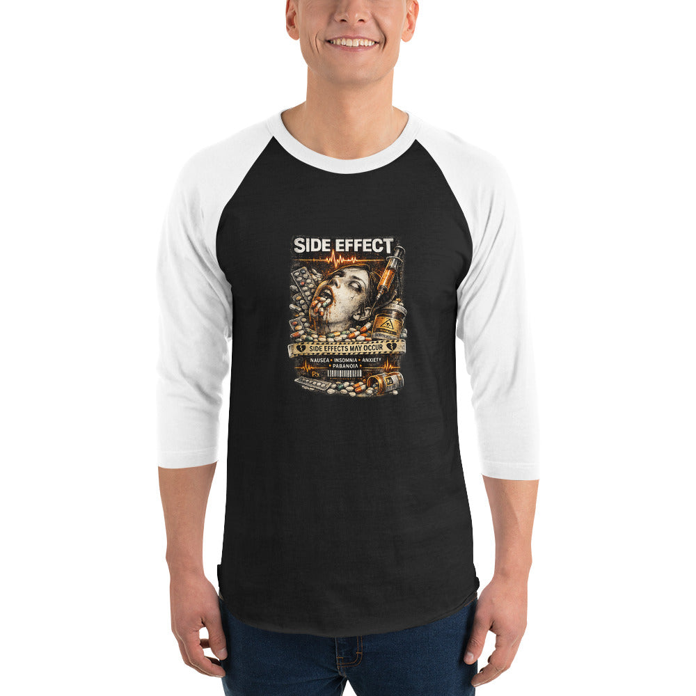 Model wearing Side Effect T-Shirt with dark mental health streetwear styling
