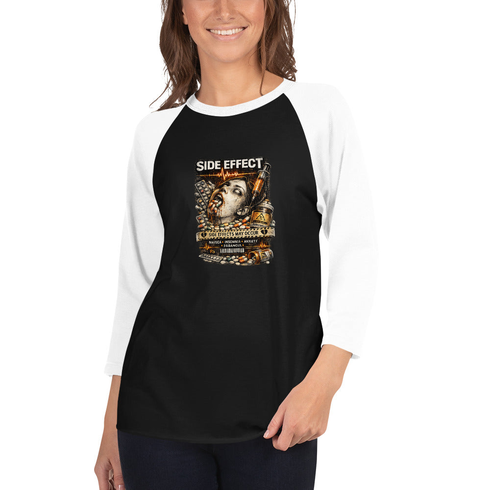Model wearing Side Effect T-Shirt with dark mental health streetwear styling