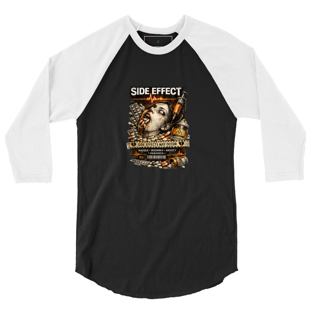 Front view of Side Effect T-Shirt showing medication side effects graphic artwork on black tee