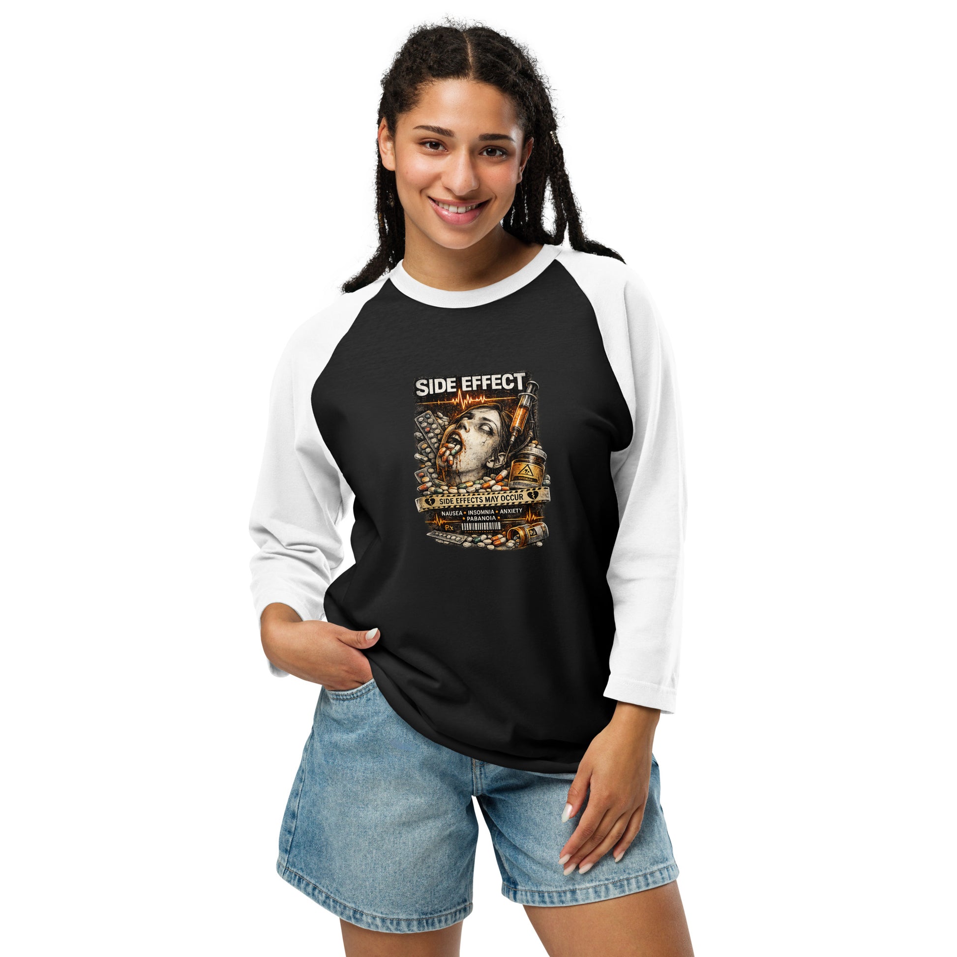 Model wearing Side Effect T-Shirt with dark mental health streetwear styling
