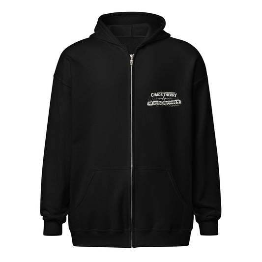 Front view of Emotional Maintenance Zip Hoodie showing clean Chaos Theøry front logo detail