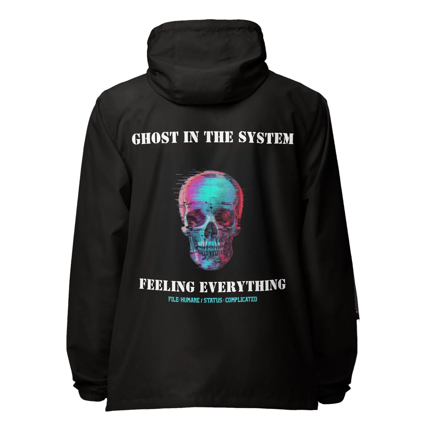 Ghost in the System Windbreaker black Chaos Theøry streetwear jacket with skull graphic and mental disconnect design