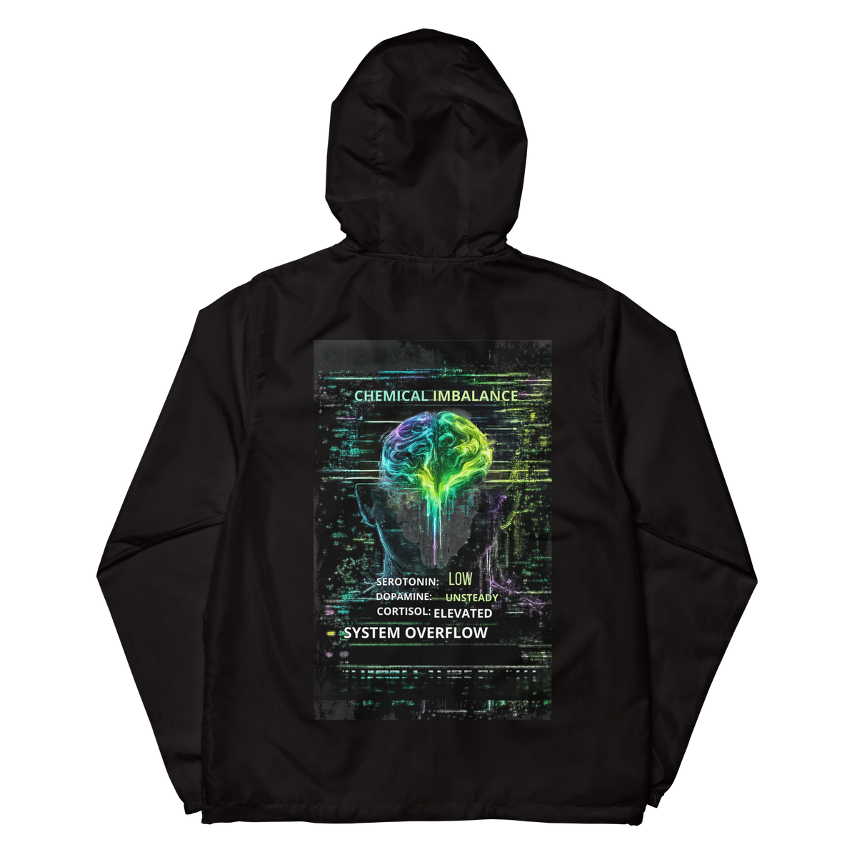 Back of black Spectrum Leak windbreaker with large neon Chemical Imbalance brain graphic and System Overflow artwork.