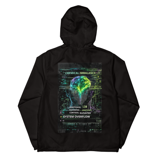 Back of black Spectrum Leak windbreaker with large neon Chemical Imbalance brain graphic and System Overflow artwork.