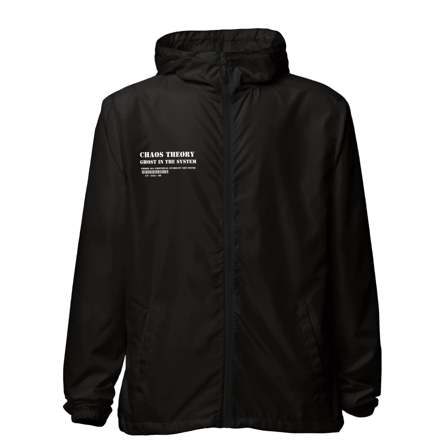 Back view of Ghost in the System Windbreaker showing skull graphic and feeling everything text design